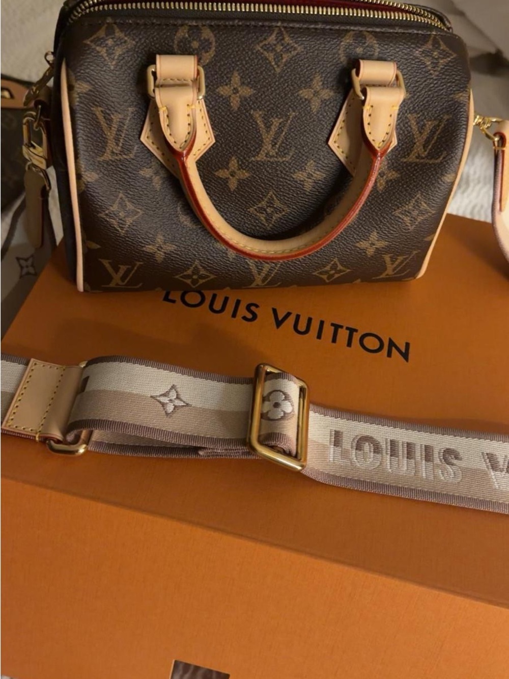 Louis Vuitton Brown Monogram Mini Bag with Beige Trim and Gold Hardware